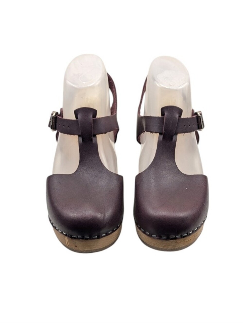 Lotta Stockholm Eggplant Color  Leather T-Strap Wood Clogs EU 41 US 9.5   S4223 - Picture 8 of 13